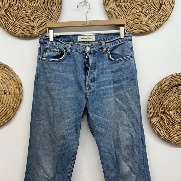 $128 Reformation Button Fly Jord Kick Flare Denim Jeans in Antigua Destroyed 31 - Picture 4 of 10